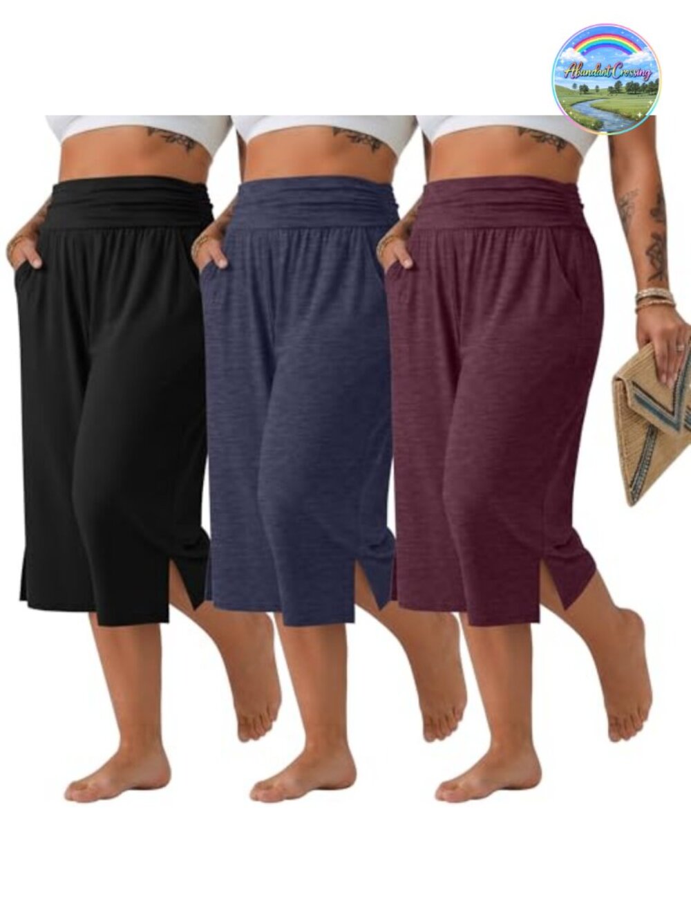 Women Plus Size Cotton Spandex Capri Yoga Pants 3 Pack High Waisted Wide Leg